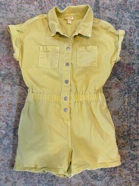 Girls L Large 10/12 Light Yellow Snap Romper with Pockets Short Sleeve Cat Jack